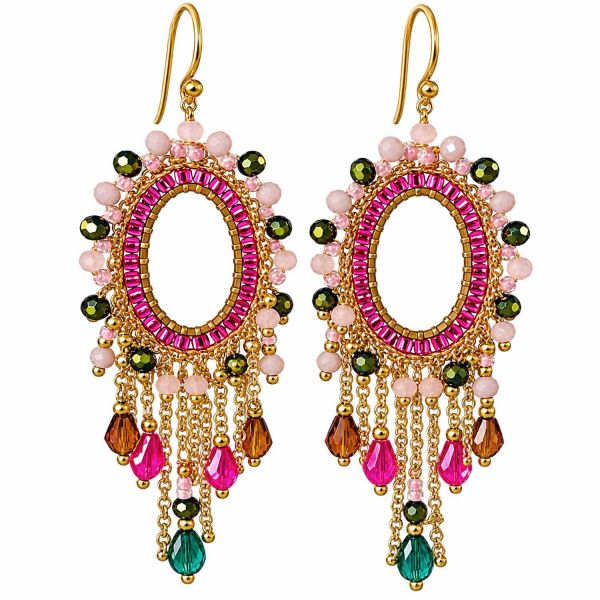 Boho Ohrhänger Mali – Pink, Grün & Rosé