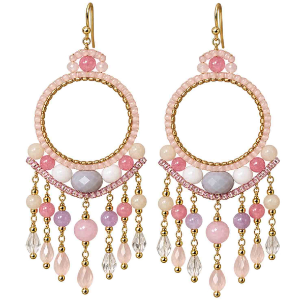 Boho Ohrhänger Bali – Rosa, Rosé & Flieder – Edelstahl vergoldet