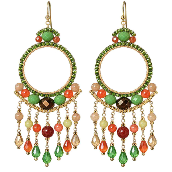 Boho Ohrhänger Bali – Grün, Orange & Braun – Edelstahl vergoldet