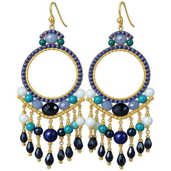Boho Ohrhänger Bali – Dunkelblau, Türkis & Hellblau – Edelstahl vergoldet