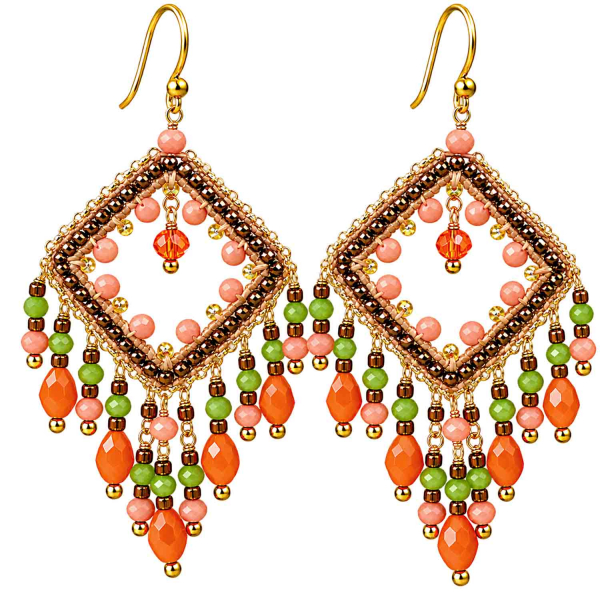 Boho Ohrhänger Sumatra – Orange, Grün & Apricot – Edelstahl vergoldet