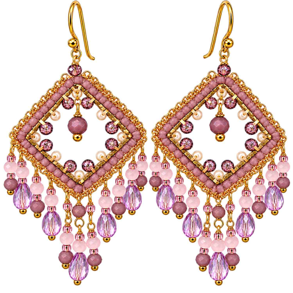 Boho Ohrhänger Sumatra – Rosa, Altrosa & Flieder – Edelstahl vergoldet