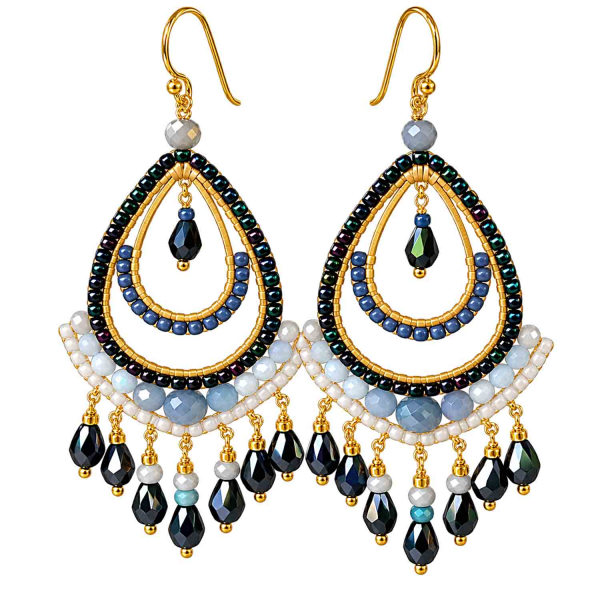Boho Ohrhänger Tonga – Schwarz Blau Grau – 925 Silber vergoldet