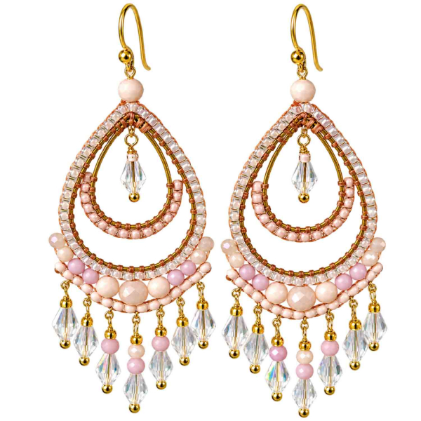 Boho Ohrhänger Tonga – Rosa Creme Crystal – 925 Silber vergoldet