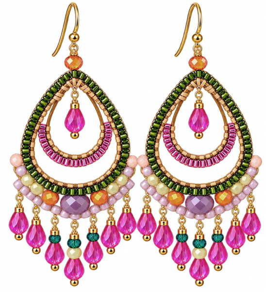 Boho Ohrhänger Tonga – Pink Grün Flieder – 925 Silber vergoldet