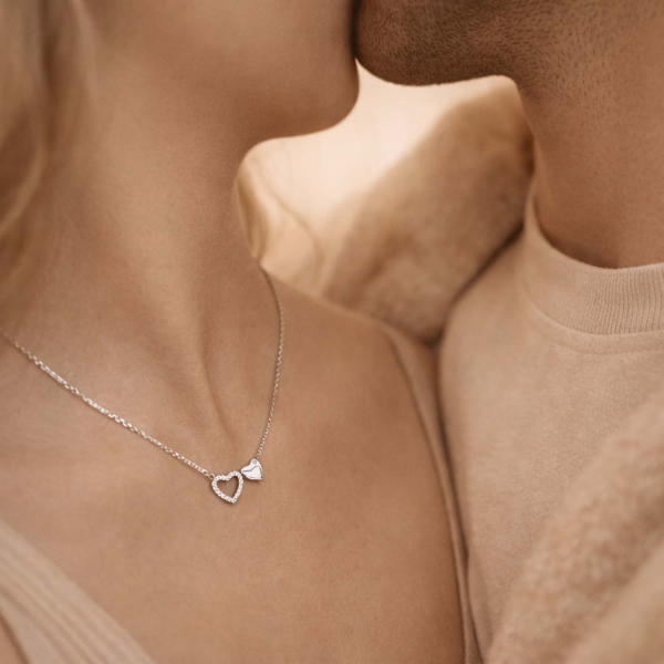 Doppelherz-Kette aus 925 Silber rhodiniert mit Zirkonia – 42+3 cm