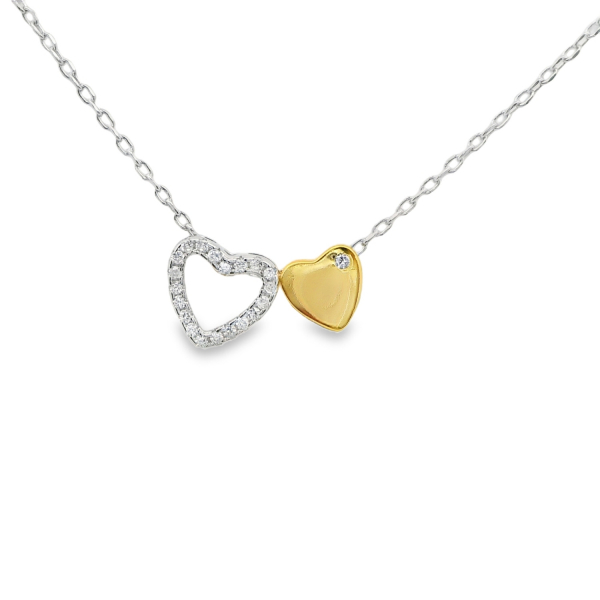Bicolor Doppelherz-Kette aus 925 Silber mit Zirkonia – 42+3 cm