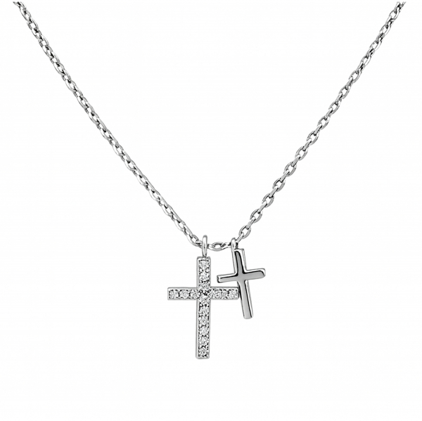 Doppelkreuz-Halskette aus 925 Silber rhodiniert mit Zirkonia – 42+3 cm