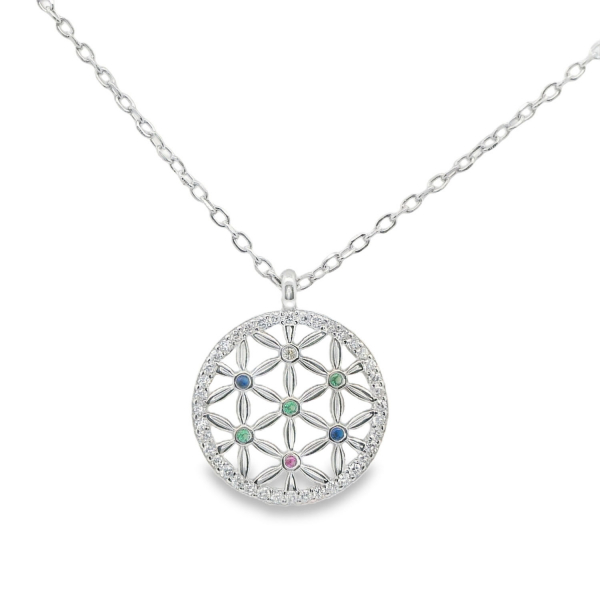 Blume-des-Lebens Kette aus 925 Silber rhodiniert – multicolor, 42+3 cm