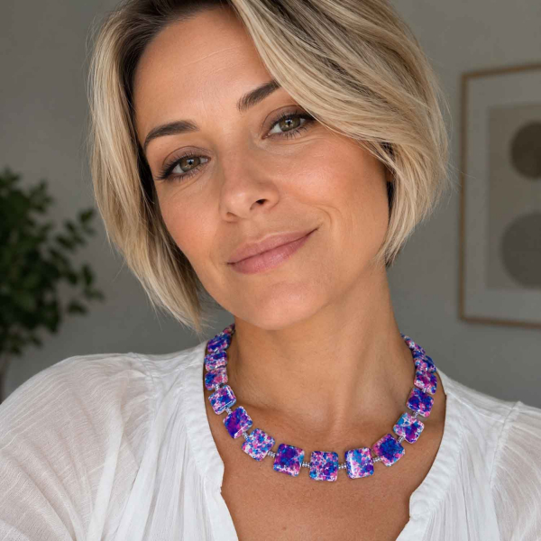 Kette California – Keramikperlen in Pink und Blau mit versilberten Hämatitperlen