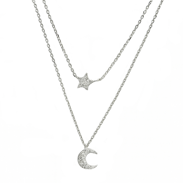 Layerkette „Luminara“ aus 925 Silber rhodiniert – Stern & Mond, 41 / 46+3 cm