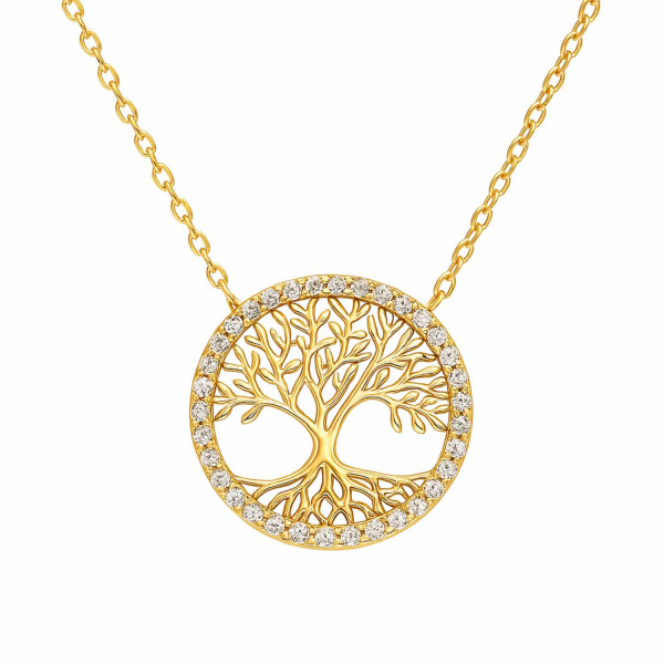 Lebensbaum-Kette vergoldet aus 925 Silber mit Zirkonia – 42+3 cm