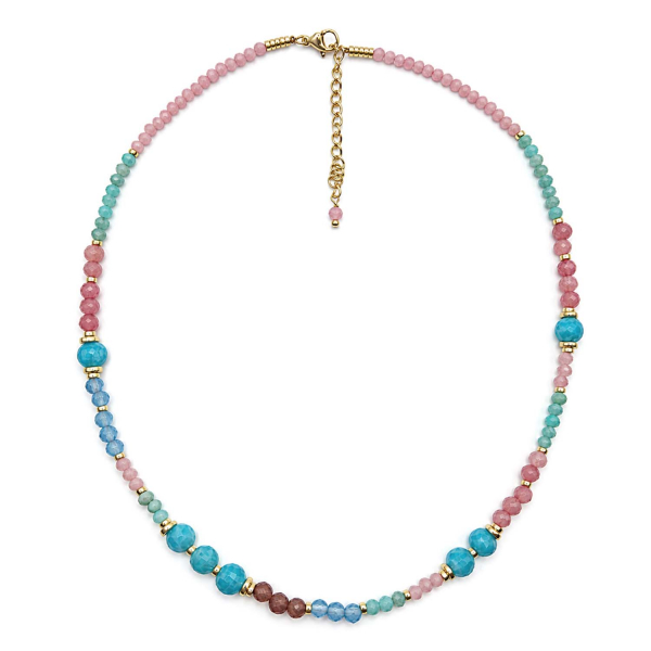 Edelsteinkette Kesara – Amazonit, Rosenquarz & Blautopas – Edelstahl vergoldet