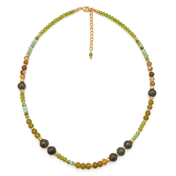 Edelsteinkette Kesara – Peridot, Achat & grüner Granat – Edelstahl vergoldet