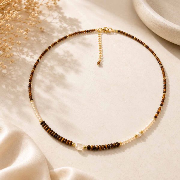Kette Indica mit Tigerauge und Süßwasserperlen – vergoldeter Edelstahl