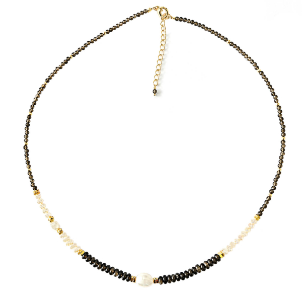Kette Indica mit Obsidian und Süßwasserperlen – vergoldeter Edelstahl