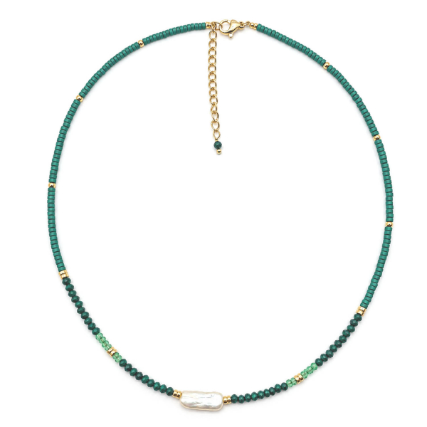 Edelsteinkette Palita – Malachit, Peridot & Süßwasserperle – 42 + 3 cm