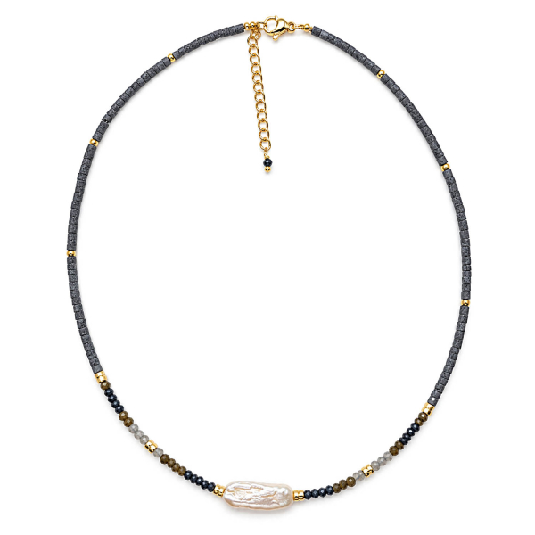 Edelsteinkette Palita – Spinell, Obsidian & Süßwasserperle – 42 + 3 cm
