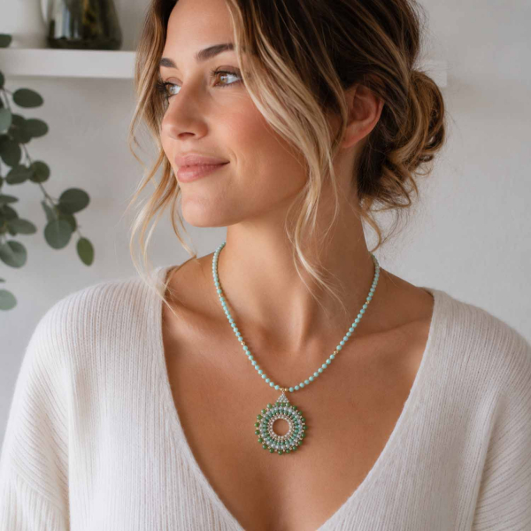 Boho Statement Kette Mint & Grün – Handgefertigter Anhänger mit Glasperlen