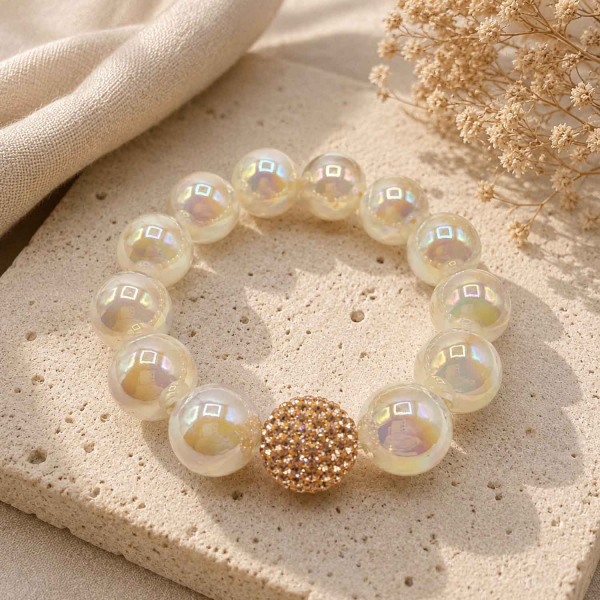 Armband Glam Creme Perlmutt – 16 mm Perlen mit Kristallkugel