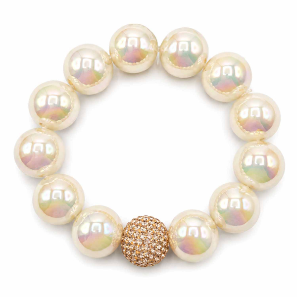 Armband Glam Creme Perlmutt – 16 mm Perlen mit Kristallkugel