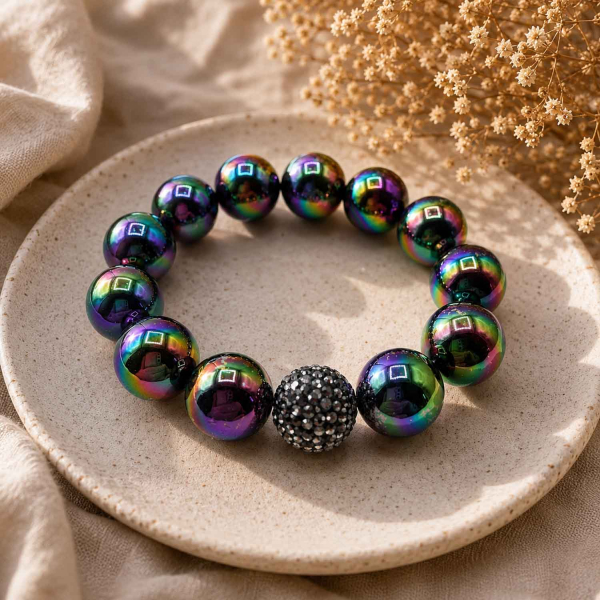 Armband Glam Midnight Aurora – Schwarze 16 mm Perlen mit Kristallkugel
