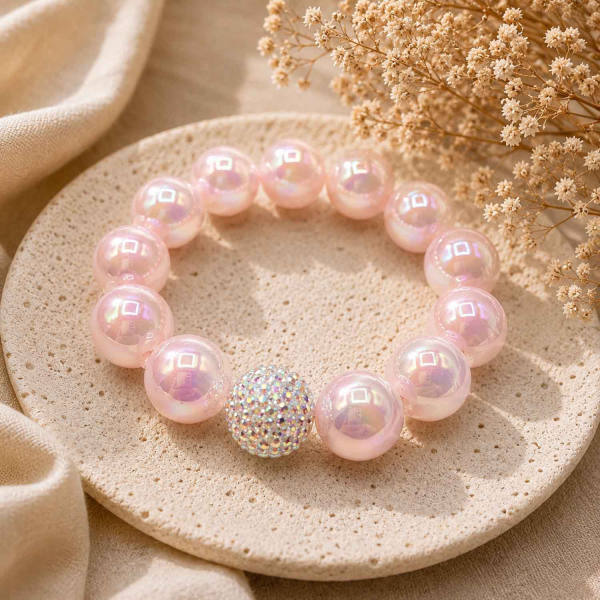 Armband Rosé Pearl – Glasperlen 16 mm mit Kristallkugel Aurora Boreale
