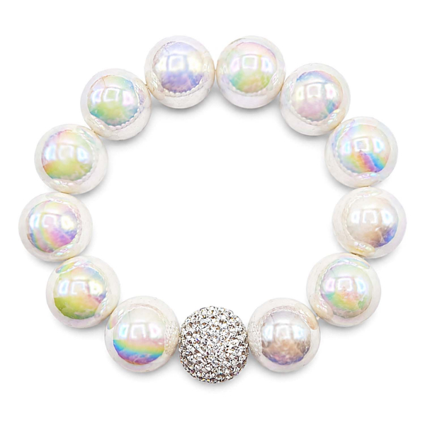 Armband Pearl White – Glasperlen 16 mm mit Kristallkugel Crystal