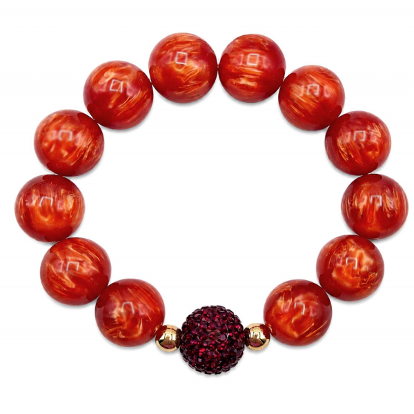 Armband Ruby Fire – Rote Resinperlen 15 mm mit Siam Kristallkugel und vergoldeten Akzenten