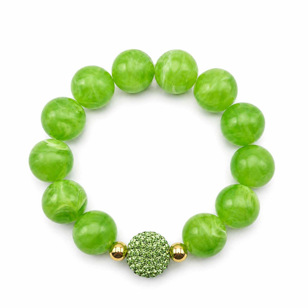 Armband Green Harmony – 15 mm Resinperlen mit Peridot Kristallkugel und vergoldeten Hämatitperlen