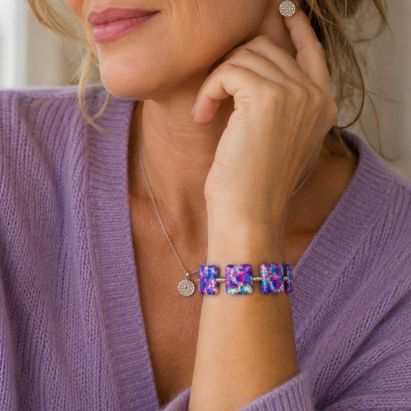 Armband California – Türkis-Pinke Keramikperlen mit versilberten Hämatitperlen
