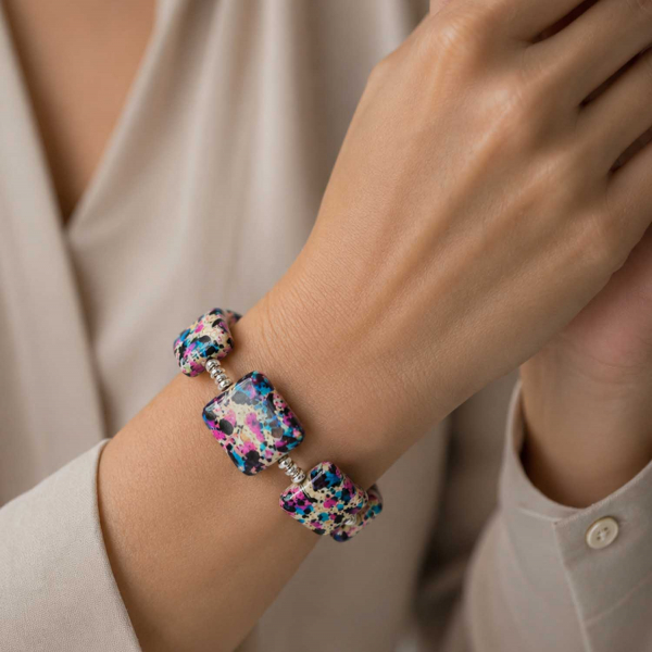 Armband California – Pink-Blaue Keramikperlen mit versilberten Hämatitperlen