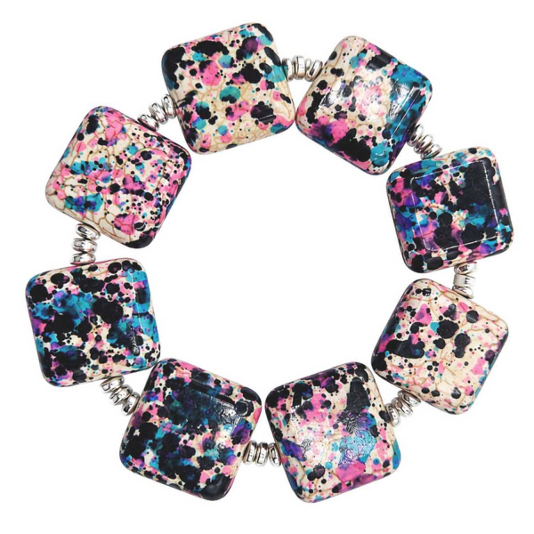 Armband California – Pink-Blaue Keramikperlen mit versilberten Hämatitperlen