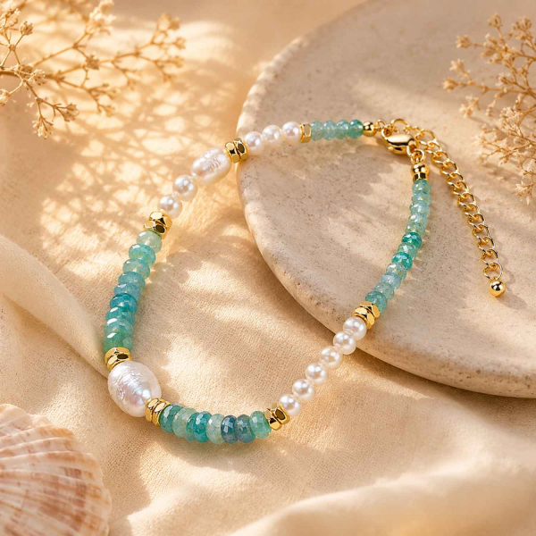 Armband Indica – Amazonit, Süßwasserperle & vergoldeter Hämatit