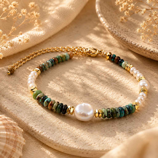 Armband Indica – Afrikanischer Türkis, Süßwasserperle & vergoldeter Hämatit