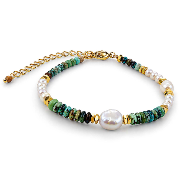 Armband Indica – Afrikanischer Türkis, Süßwasserperle & vergoldeter Hämatit
