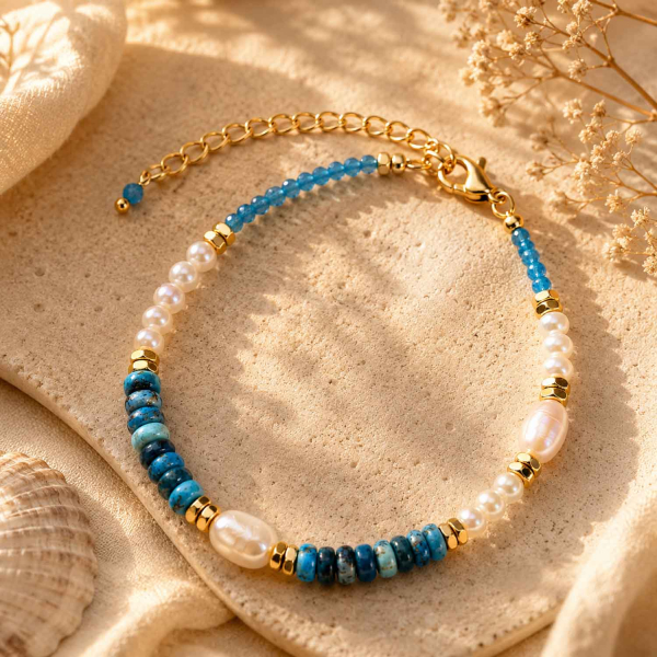 Armband Indica – Apatit, Süßwasserperle & vergoldeter Hämatit