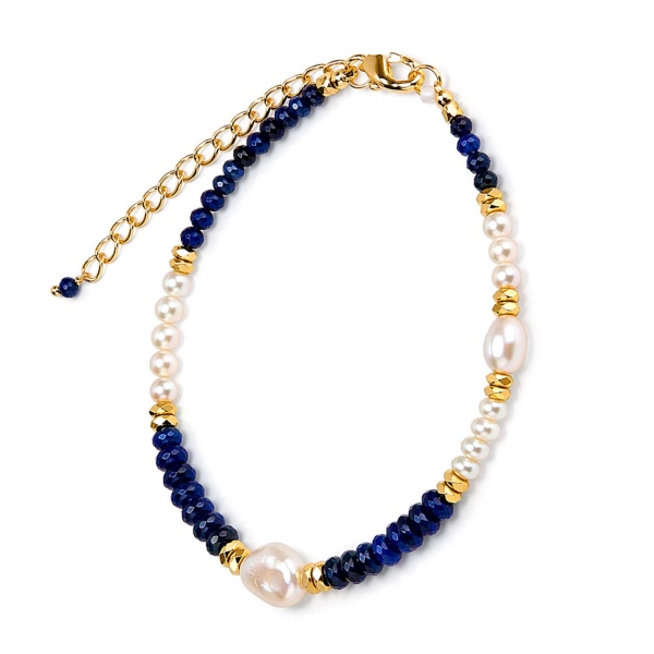 Armband Indica – Sodalith, Süßwasserperle & vergoldeter Hämatit