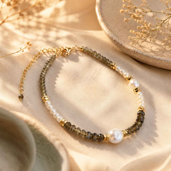 Armband Indica – Obsidian, Süßwasserperle & vergoldeter Hämatit