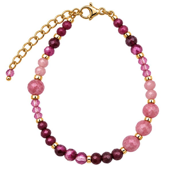 Edelsteinarmband Kesara – Rhodonit, Turmalin & Rubin – Edelstahl vergoldet