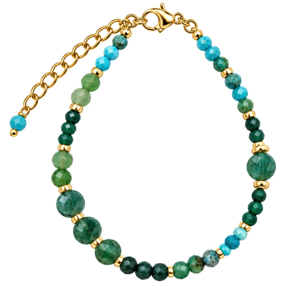 Edelsteinarmband Kesara – Achat, grüner Onyx & Türkis – Edelstahl vergoldet