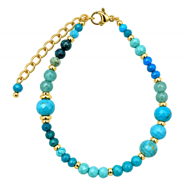 Edelsteinarmband Kesara – Türkis, Apatit & Blautopas – Edelstahl vergoldet