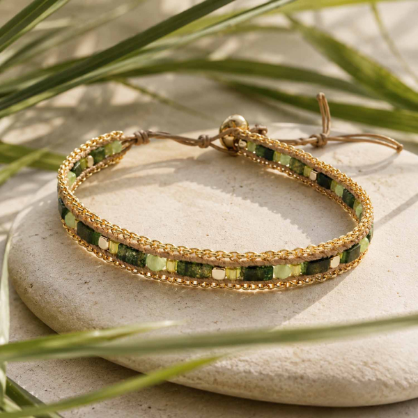 Armband Daya mit Moosachat & Grünem Granat – Edelstahl, vergoldeter Hämatit & gewachste Baumwolle