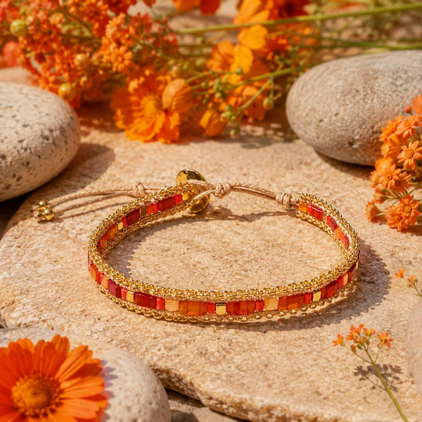 Armband Daya mit Karneol – Edelstahl, vergoldeter Hämatit & gewachste Baumwolle