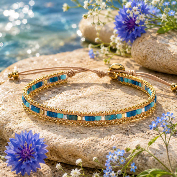 Armband Daya mit Apatit & Türkis – Edelstahl, vergoldeter Hämatit & gewachste Baumwolle