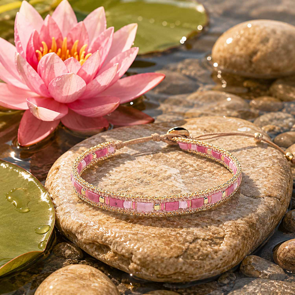 Armband Daya mit Rhodonit – Edelstahl, vergoldeter Hämatit & gewachste Baumwolle