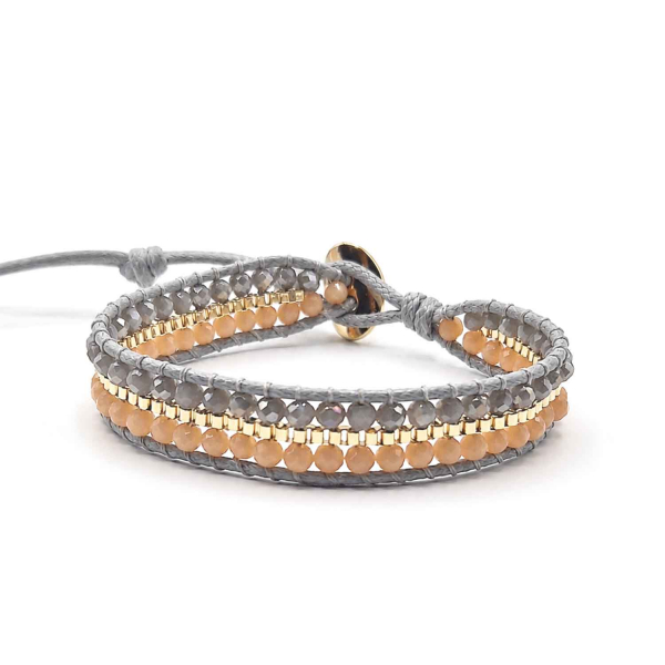 Armband Malee Grau-Apricot – Kristallglasperlen in Grau und Apricot mit vergoldeten Details