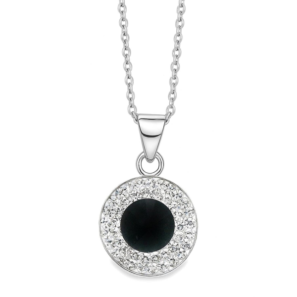 „Elegante Halskette Letizia aus rhodiniertem 925 Silber mit 14 mm rundem Preciosa-Anhänger; schwarzer Jet-Kristall im Zentrum, eingerahmt von klaren Crystal-Steinen.“